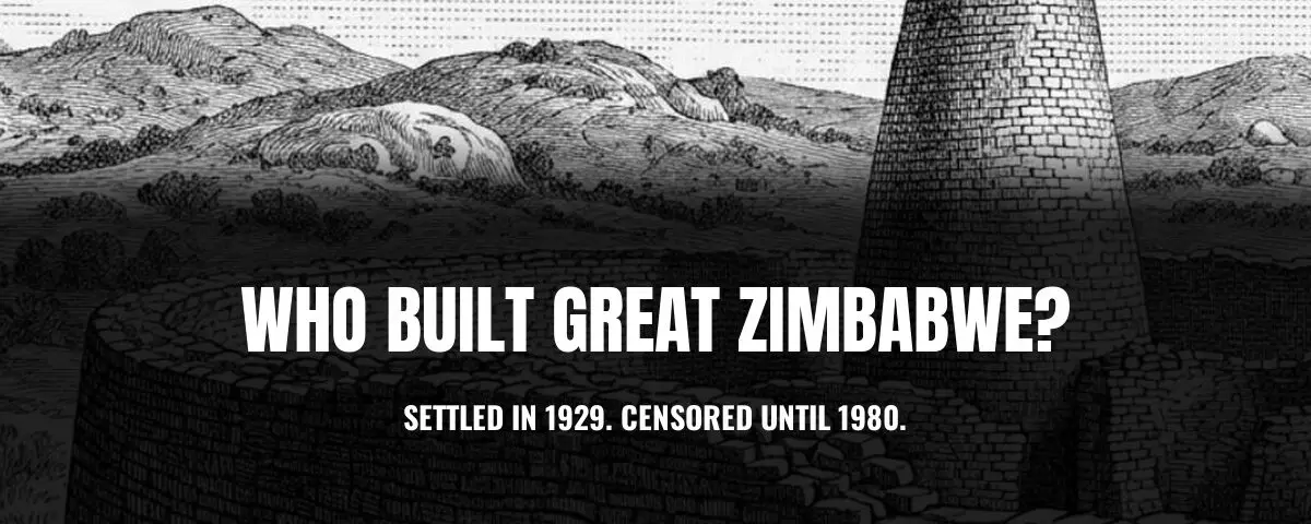 Wood engraving of the Great Enclosure at Great Zimbabwe, with the curved dry stone wall in the foreground and the conical tower behind it