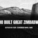 Wood engraving of the Great Enclosure at Great Zimbabwe, with the curved dry stone wall in the foreground and the conical tower behind it