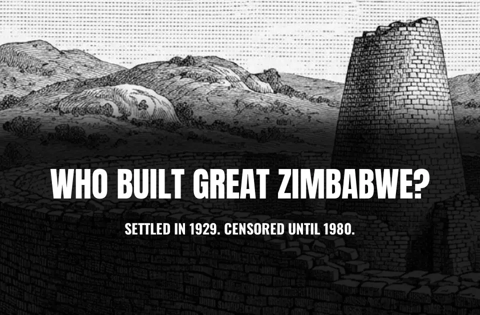 Wood engraving of the Great Enclosure at Great Zimbabwe, with the curved dry stone wall in the foreground and the conical tower behind it