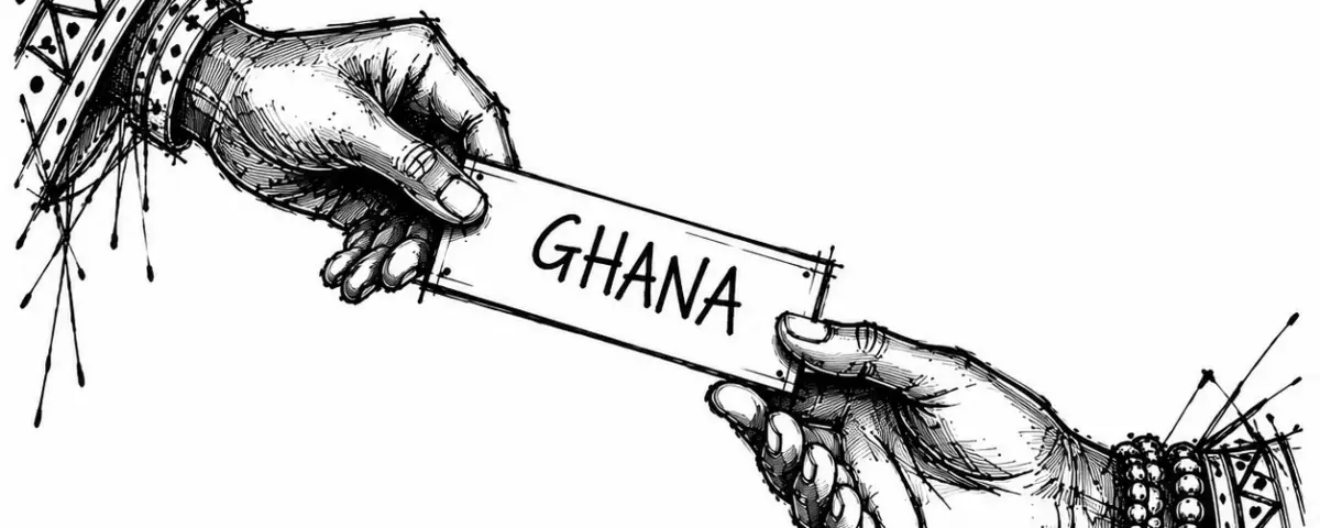 Zwei Hände reichen sich ein Namensschild mit der Aufschrift Ghana, im Tuschestift-Scribble-Stil