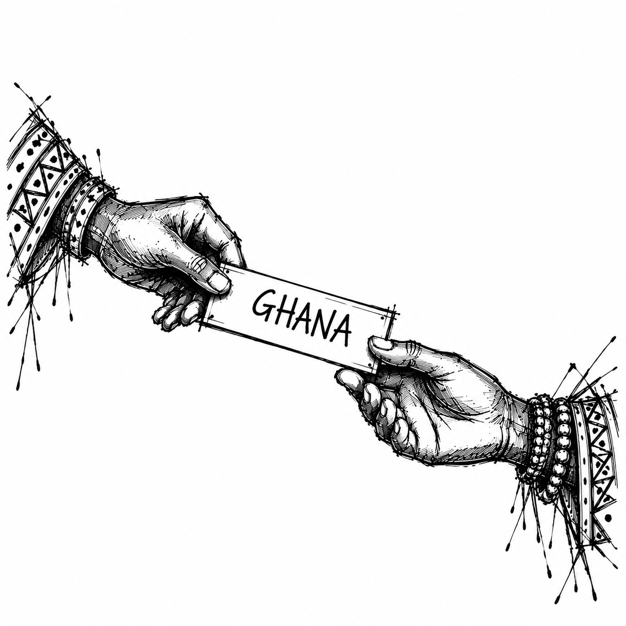Zwei H&auml;nde reichen sich ein Namensschild mit der Aufschrift Ghana, im Tuschestift-Scribble-Stil